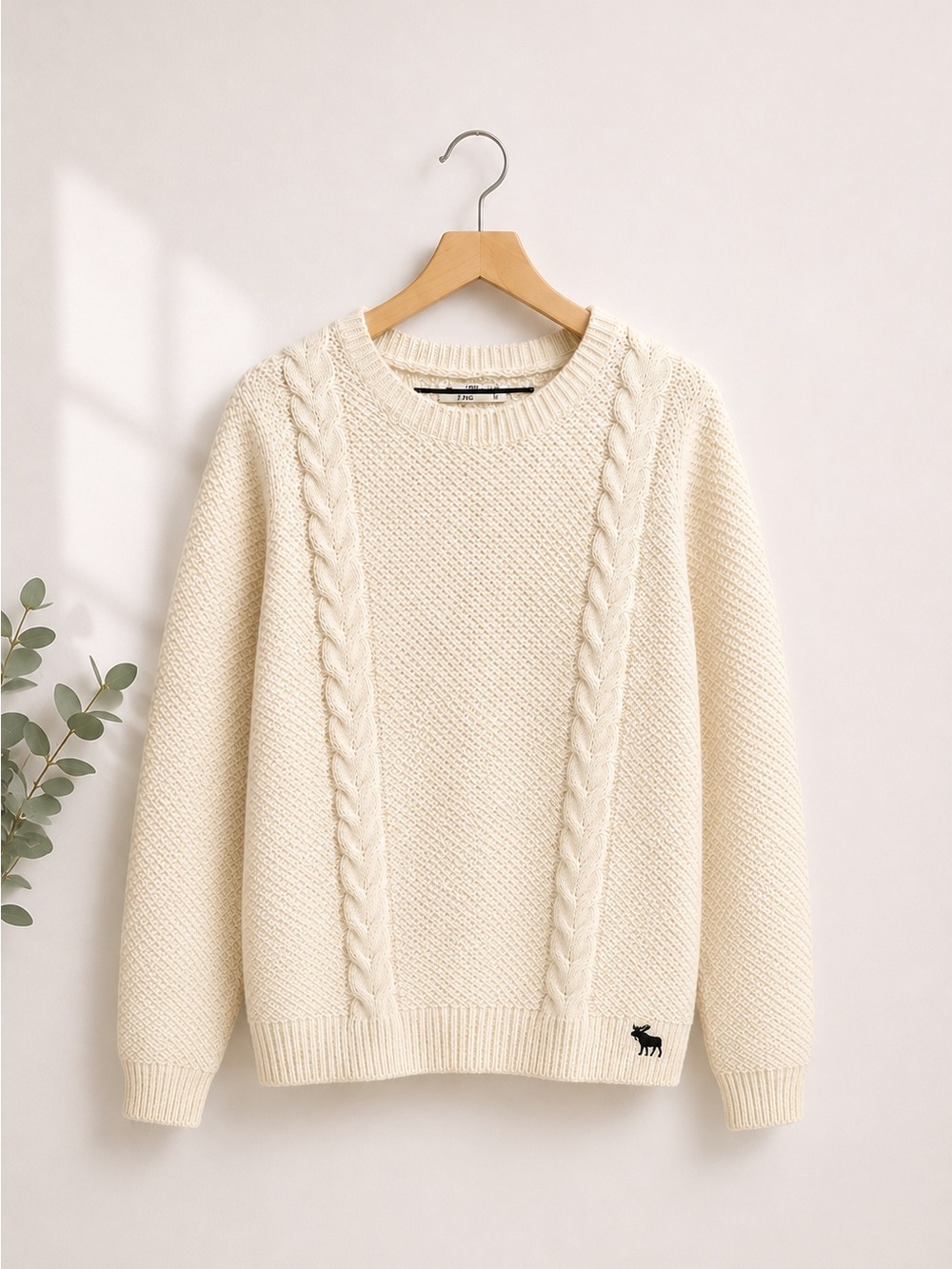 abercrombie kids Cream Cable-Panel Crewneck Sweater (332)